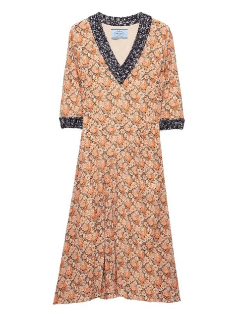 Prada floral-print knit-trimmed midi dress - Orange - zdjęcie produktu nr 1