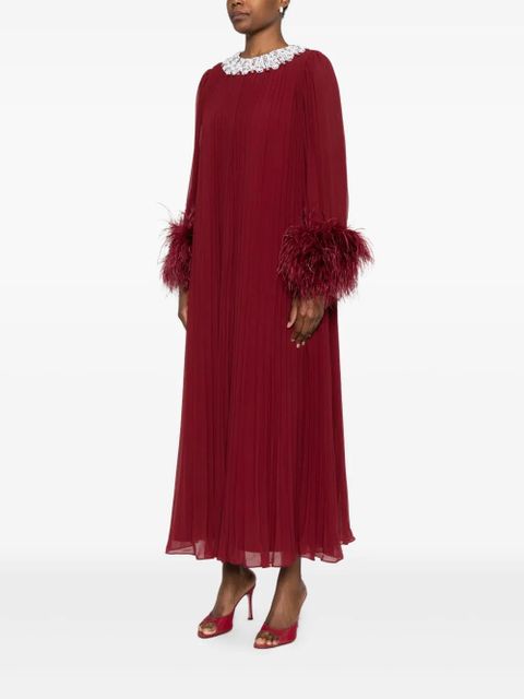 Self-Portrait feather-trimmed chiffon midi dress - Red