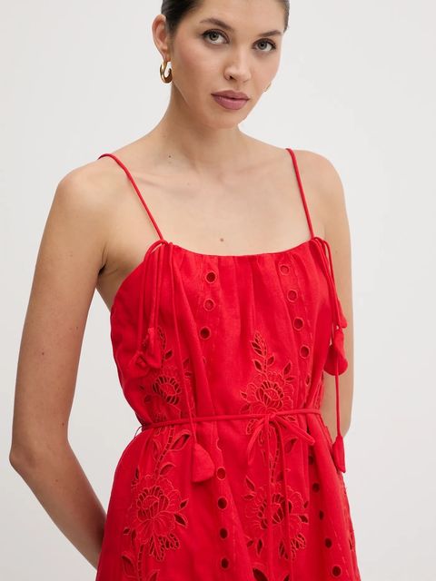 Farm Rio sukienka lniana kolor czerwony maxi rozkloszowana 336561