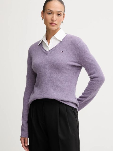 Tommy Hilfiger sweter wełniany damski kolor fioletowy lekki WW0WW43505 - zdjęcie produktu nr 1