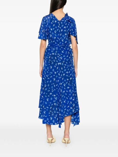 Victoria Beckham floral-print smocked asymmetric dress - Blue