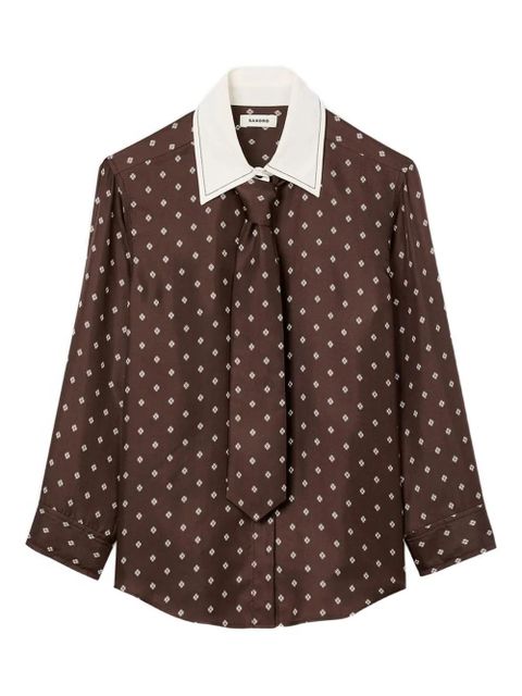 SANDRO geometric-print tie-neck shirt - Brown - zdjęcie produktu nr 1
