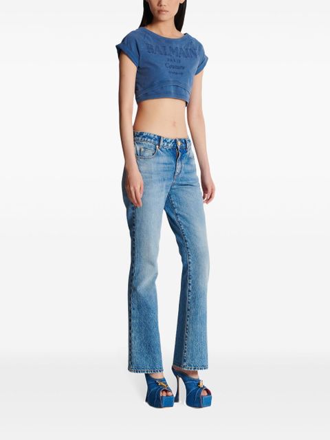 Balmain embroidered cropped T-shirt - Blue