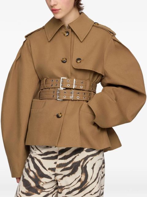 GANNI belted puff-sleeve jacket - Brown