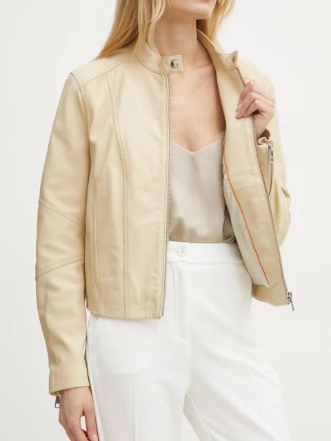 BOSS Orange kurtka skórzana damska kolor beżowy przejściowa 50522033