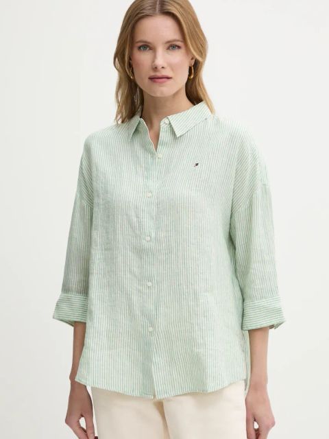 Tommy Hilfiger koszula lniana damska kolor zielony relaxed z kołnierzykiem klasycznym WW0WW46169