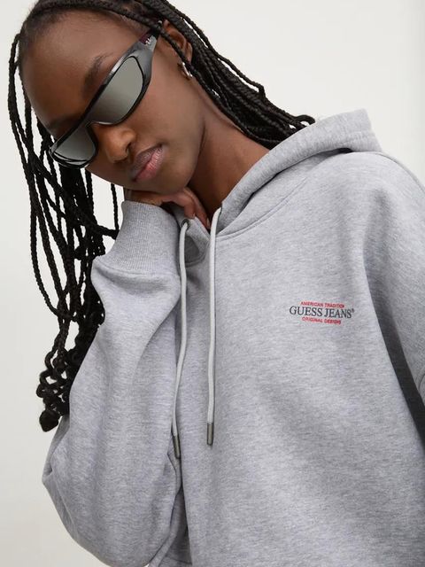 Guess Jeans bluza damska kolor szary z kapturem z nadrukiem W4BQ21 KC811