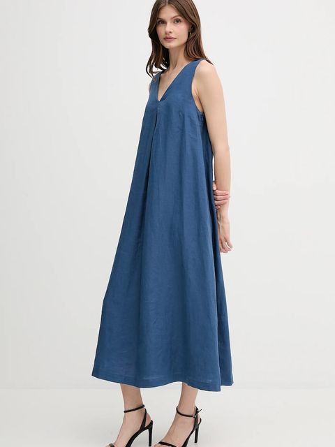 United Colors of Benetton sukienka lniana kolor granatowy maxi rozkloszowana - zdjęcie produktu nr 2