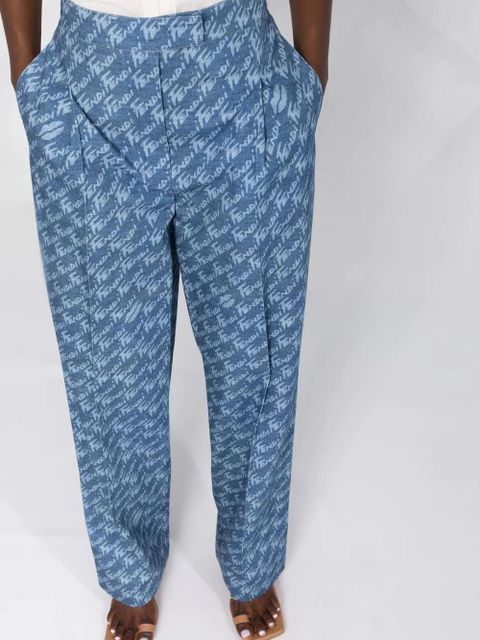 Fendi logo-print high-waisted trousers - Blue