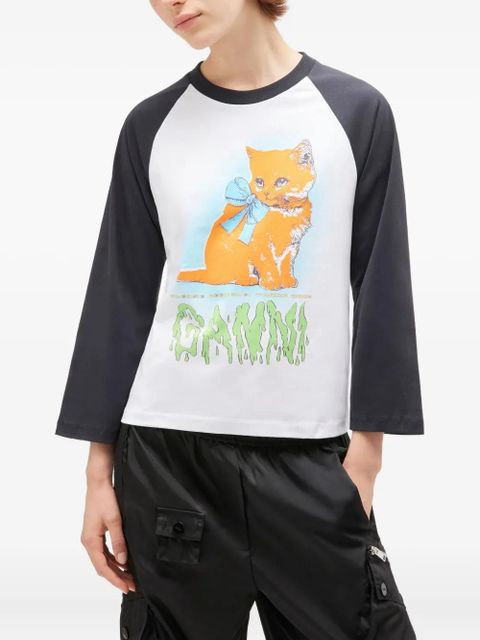 GANNI Kitty-print baseball top - White