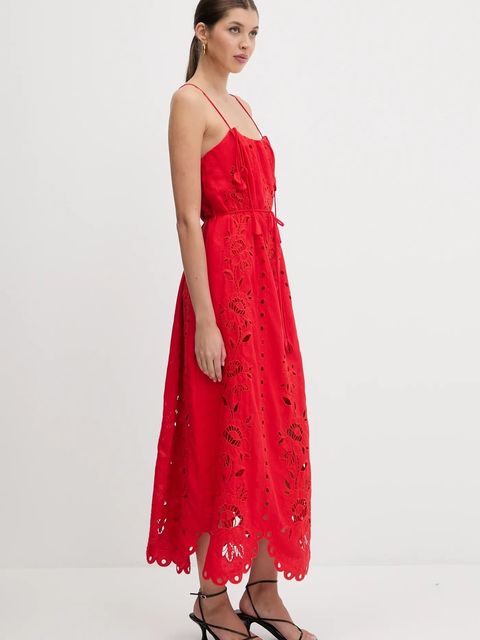 Farm Rio sukienka lniana kolor czerwony maxi rozkloszowana 336561 - zdjęcie produktu nr 2