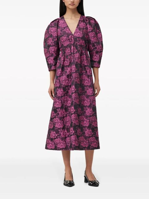 GANNI botanical-jacquard puff-sleeves midi dress - Pink - zdjęcie produktu nr 2