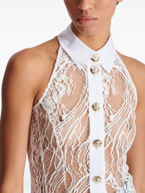 Balmain lace halterneck buttoned top - White
