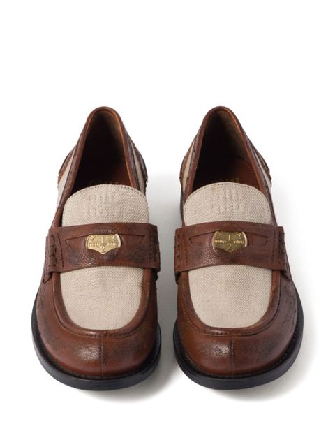 Miu Miu penny-appliqué panelled loafers - Brown