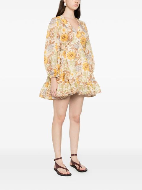 ZIMMERMANN ZIM DAYLIGHT MINI WRAP FRILL DRESS STAMP FLORAL CREAM - Neutrals
