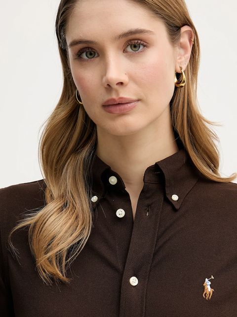 Polo Ralph Lauren koszula bawełniana damska kolor brązowy regular z kołnierzykiem klasycznym 211924258