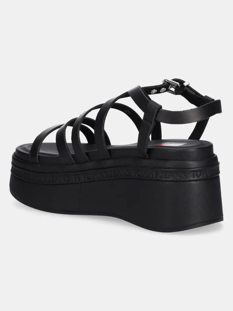 Tommy Jeans sandały skórzane WEDGY STRAPPY SANDAL damskie kolor czarny na platformie EN0EN02756