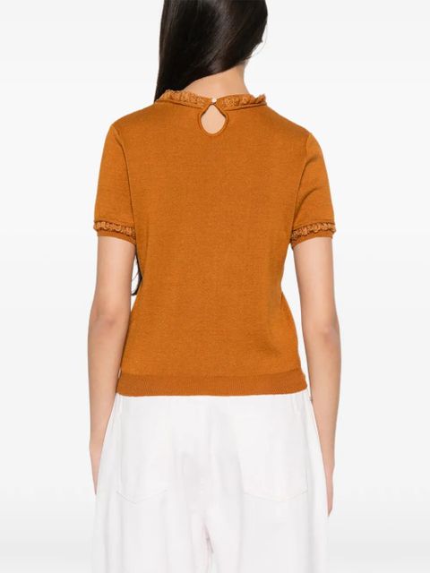 SHUSHU/TONG lace-trimmed short-sleeve sweater - Brown