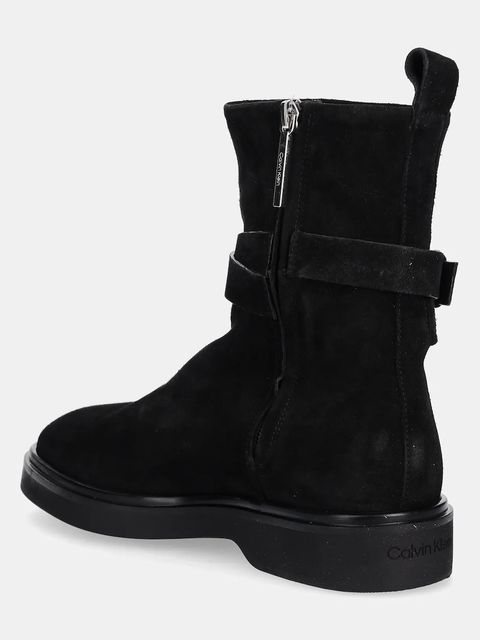 Calvin Klein botki zamszowe ANKLE BOOT W/ METAL LOGO SUE damskie kolor czarny na płaskim obcasie HW0HW02664