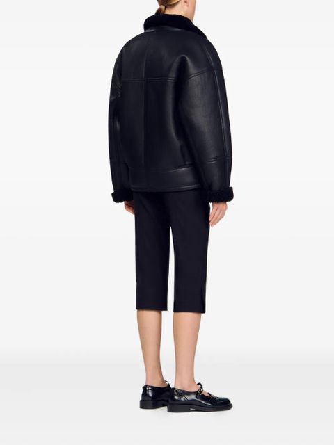 SANDRO shearling-trim leather coat - Black