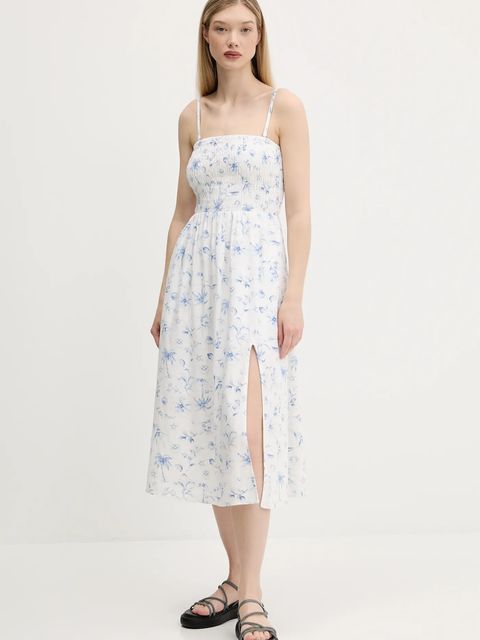 Hollister Co. sukienka lniana kolor beżowy midi prosta KI359-1209