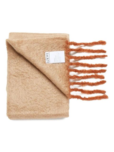 LOEWE fringed leather-patch scarf - Brown
