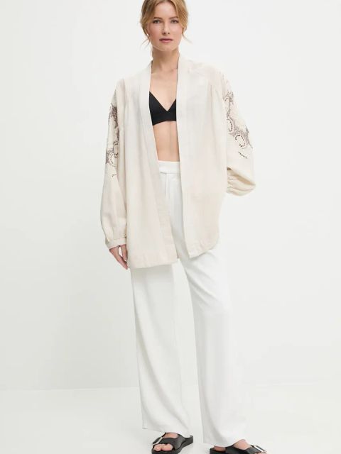 Answear.LAB marynarka z lnem kolor beżowy oversize wzorzysta