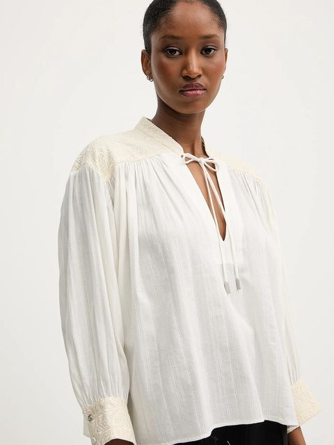 BOSS Orange bluzka bawełniana damska kolor beżowy z aplikacją 50546176