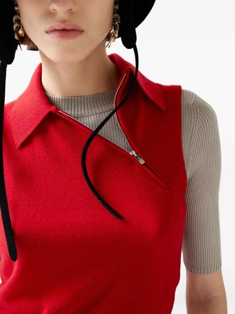 Miu Miu ribbed-collar zip-front sleeveless vest - Red