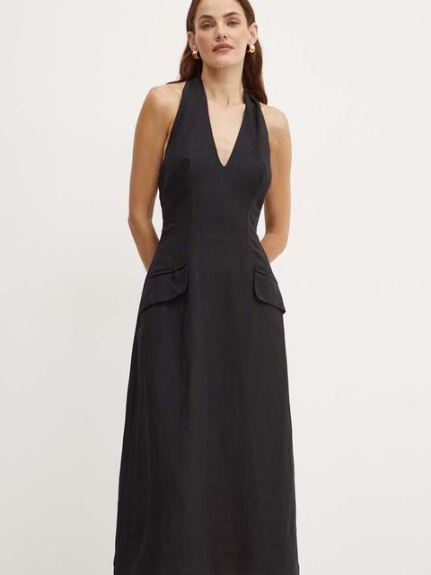 Bardot sukienka z domieszką lnu REINA kolor czarny midi rozkloszowana 59365DB