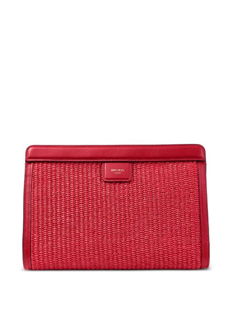 Jimmy Choo Avenue London pouch ruby Red and light gold embroidered raffia and leather pouch