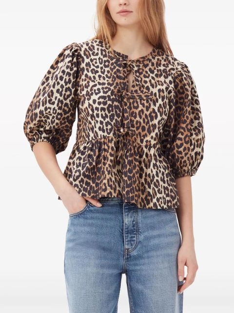 GANNI leopard-print organic-cotton blouse - Brown