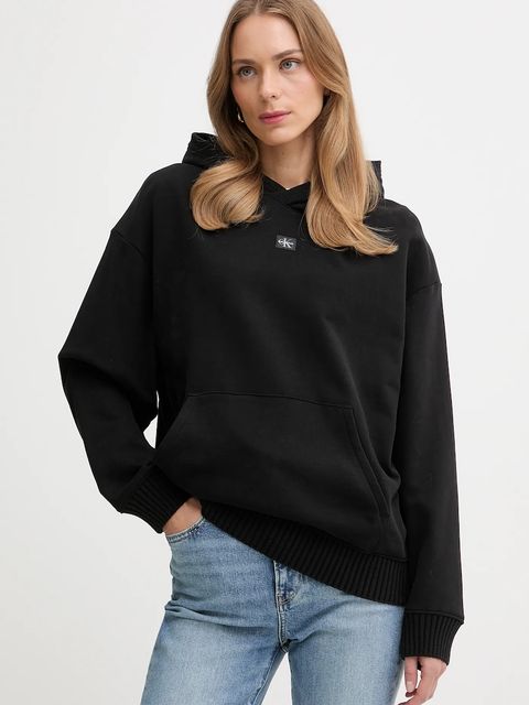 Calvin Klein Jeans bluza bawełniana damska kolor czarny z kapturem gładka LV047D232G - zdjęcie produktu nr 1