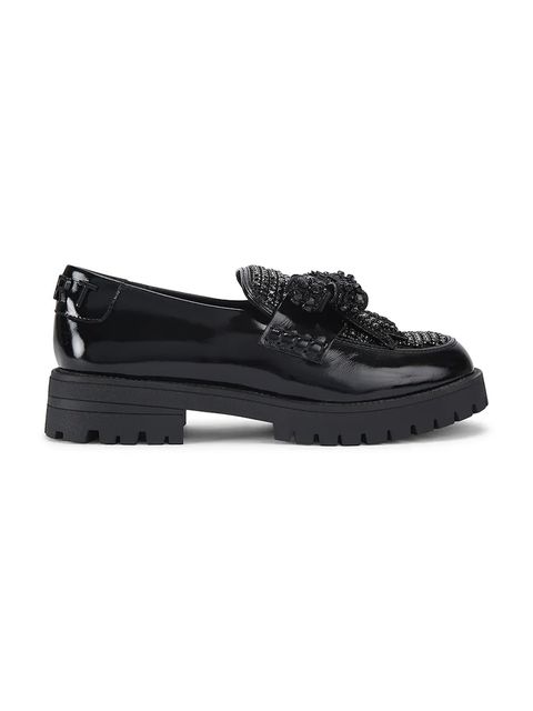 Kurt Geiger London mokasyny skórzane Bow Crystal Loafer damskie kolor czarny na płaskim obcasie 5388400109 - zdjęcie produktu nr 1