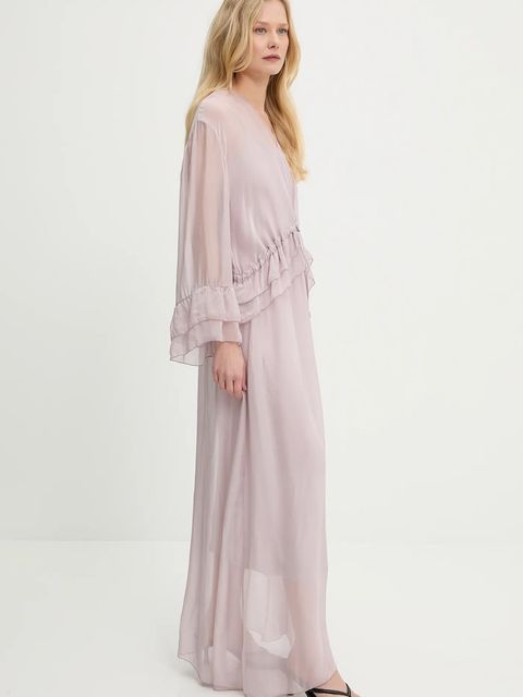 Answear.LAB sukienka z jedwabiem kolor różowy maxi rozkloszowana