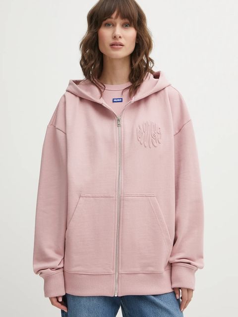 Hugo Blue bluza bawełniana damska kolor różowy z kapturem z aplikacją 50553980 - zdjęcie produktu nr 1