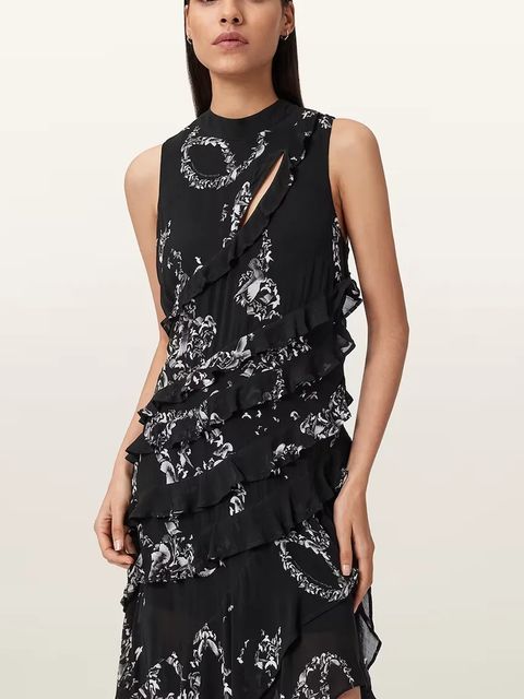 AllSaints sukienka wiskozowa CADY kolor czarny midi rozkloszowana W004DD