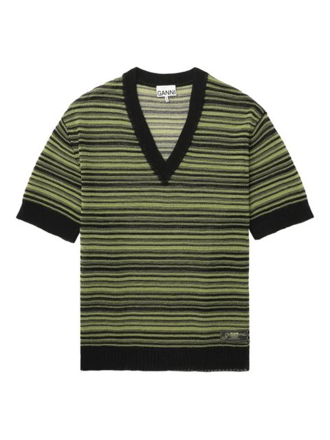 GANNI striped v-neck T-shirt - Black
