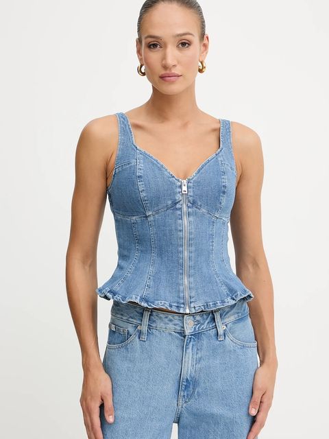 Guess top jeansowy ANIKA kolor granatowy gładka W5YH0Z D4LU0 - zdjęcie produktu nr 1