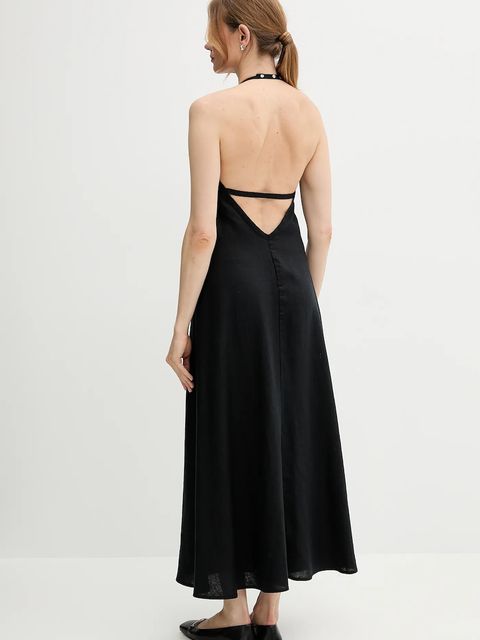 United Colors of Benetton sukienka lniana kolor czarny maxi rozkloszowana 4AGHDV0BF