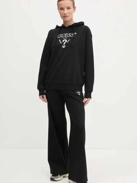 Guess bluza ROBERTA damska kolor czarny z kapturem z aplikacją V5RQ11 KC3D2