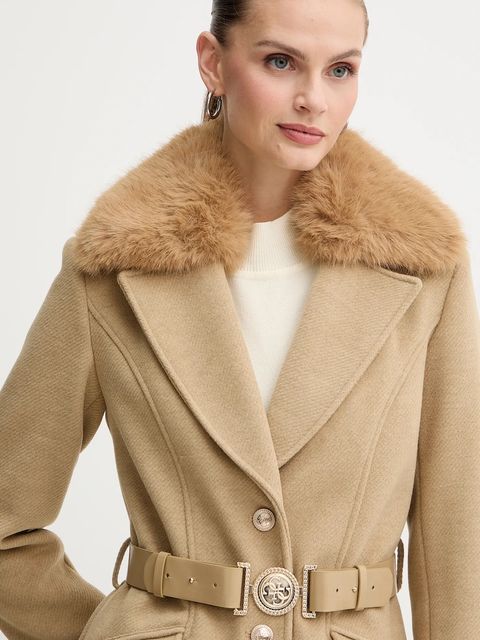 Guess płaszcz z domieszką wełny NEW PATRICE kolor beżowy W5BL25 W2672