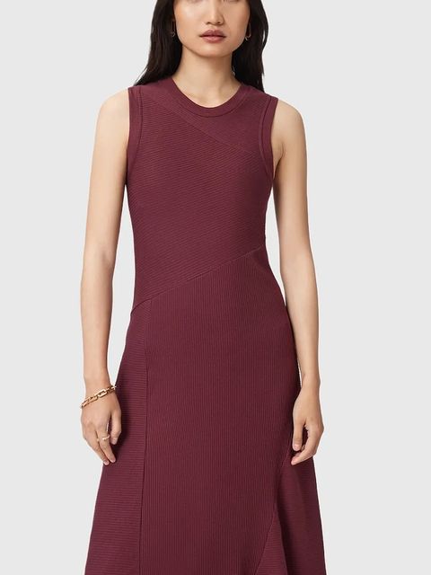 AllSaints sukienka GIA kolor bordowy maxi rozkloszowana W073DD