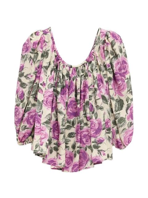 Chloé floral-print puff-sleeve cropped silk top - Purple - zdjęcie produktu nr 2