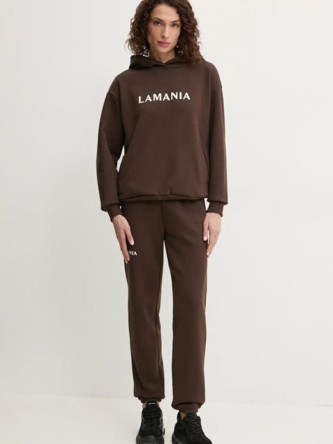 La Mania bluza damska kolor brązowy z kapturem z nadrukiem