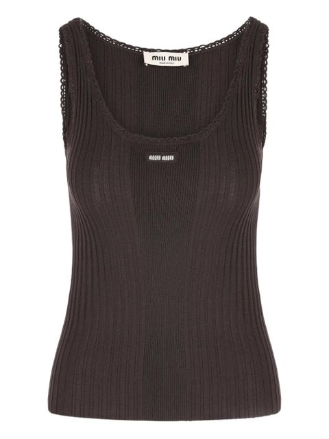 Miu Miu ribbed-knit crocheted-trim top - Brown - zdjęcie produktu nr 1