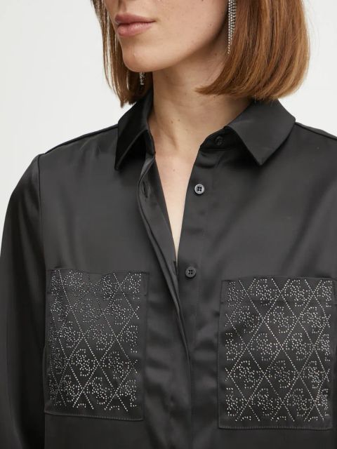 Guess koszula MARGUERITE damska kolor czarny regular z kołnierzykiem klasycznym W5RH40 WFQC2