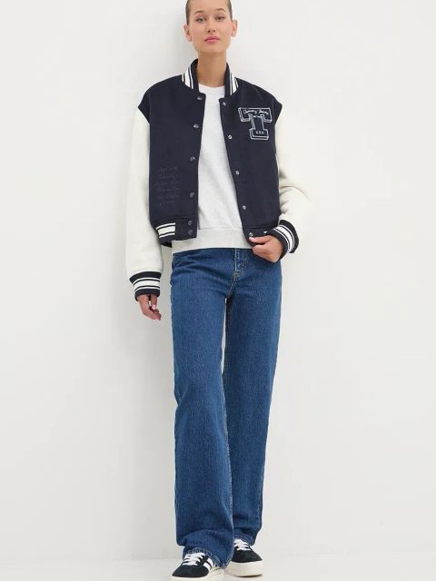 Tommy Jeans kurtka bomber z domieszką wełny kolor granatowy przejściowa DW0DW18845