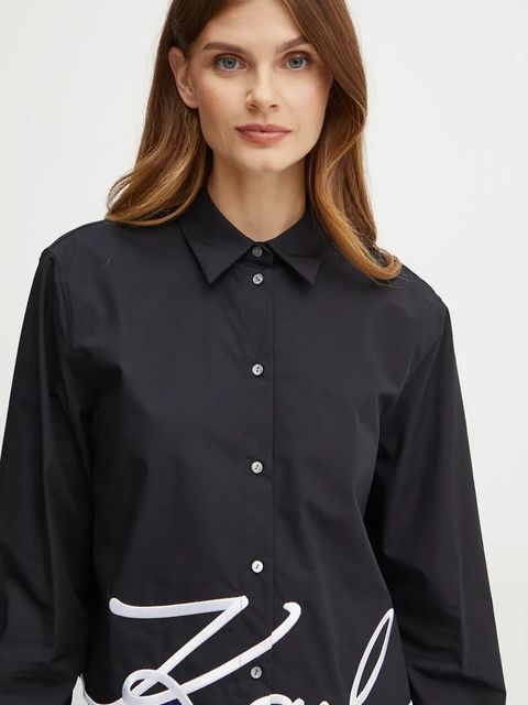 Karl Lagerfeld koszula bawełniana damska kolor czarny regular z kołnierzykiem klasycznym