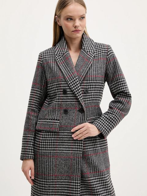 Desigual płaszcz z dodatkiem wełny CAPUCHA CHECK kolor szary 25WWEW13